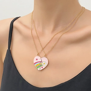 Friendship necklace set with pink heart pendants, rainbow and daisy patterns for women