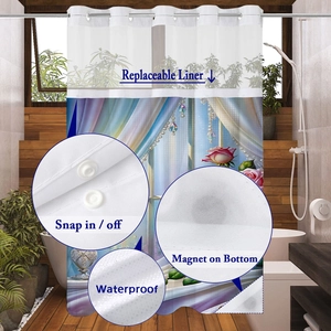 Waterproof waffle shower curtain featuring a snap-in replaceable liner and weighted magnetic bottom