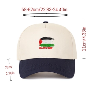 Misure dettagliate di un berretto da baseball bicolore con ricamo bandiera palestinese.