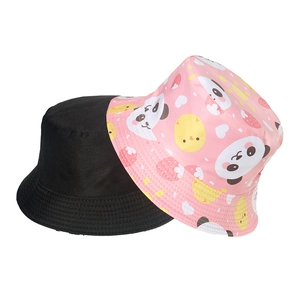 Cute panda and strawberry print cartoon bucket hats in black and pink cotton styles