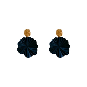 Minimalist geometric floral leaf earrings with black pleated fan dangles and gold metal