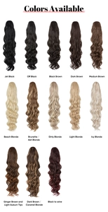Detailed color chart showing 13 shades of long wavy drawstring ponytail hair extensions