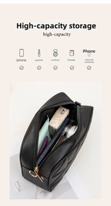 Detail showing high-capacity black quilted crossbody bag storage for phone and makeup
