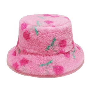 Women Cherry Print Plush Bucket Hat Warm Winter Faux Fur Windproof Pink Casual Outdoor Accessory