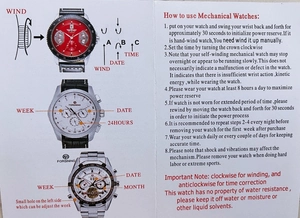 Detailed user manual for mechanical watches showing operational steps and functional labels