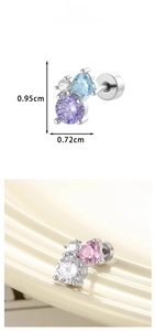 Macro detail of heart and round cubic zirconia stud earrings with dimensions