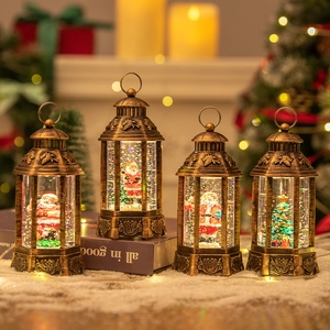 Vintage Christmas lantern with Santa and snow globe effect on warm festive background
