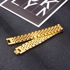 Men's golden stainless steel watch band with classic five-link jubilee design and safety clasp