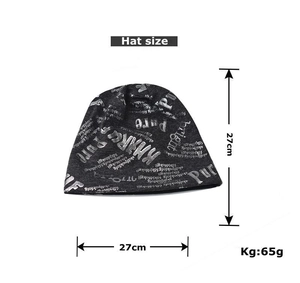 Flat lay of black knit beanie showing 27cm x 27cm dimensions and 65g weight details