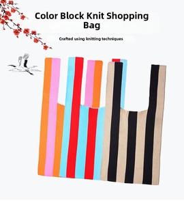 Detailed close-up of striped knit tote bags in various vibrant color combinations