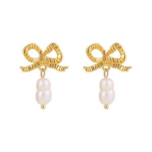 18K gold bow earrings featuring baroque pearl pendants with elegant minimalist design