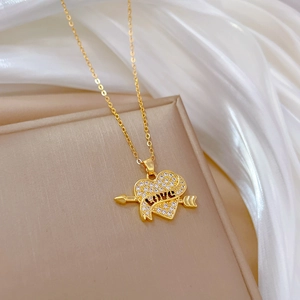 Elegant gold titanium steel heart and arrow necklace with sparkling rhinestones and LOVE pendant