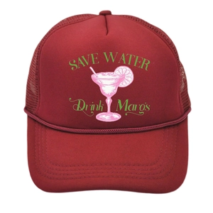 Detail of red mesh trucker hat featuring Save Water Drink Margs print and cocktail illustration