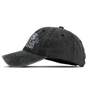 Detail of washed cotton baseball cap featuring vintage embroidery and stitched eyelets