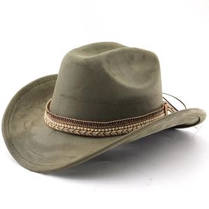 Classic olive green suede western cowboy hat with decorative beaded band and wide brim