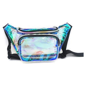 Holographic PVC clear waist bag with black zippers and adjustable strap for outdoors