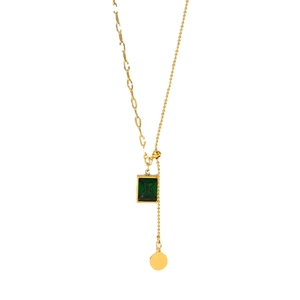 Vintage emerald square pendant necklace in gold titanium steel with mixed chain design