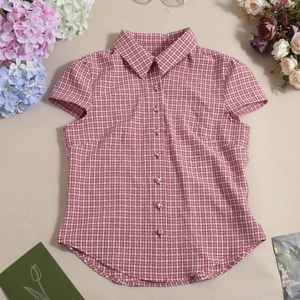 Detailed flat lay of red and white plaid short sleeve shirt with natural dried flower accents