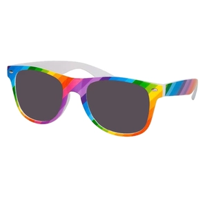 Fashionable rainbow striped frame sunglasses with dark grey lenses in a side view profile