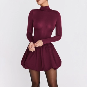 Abito Mini Manica Lunga Collo Alto Arricciato Vestibilità Aderente Cotone Poliestere Elegante Sexy Linea A Orlo Per Donne