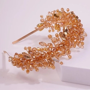 Elegant amber crystal beaded headband for wedding hair accessories with gold wire wrap