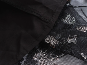 Detailaufnahme von schwarzem Netzstoff mit silbernen Pailletten und floralem Stickmuster