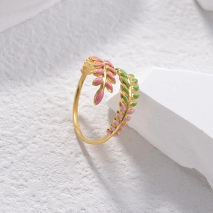 Adjustable 18K gold plated stainless steel branch ring with pink and green enamel leaves