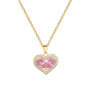 Titanium steel gold heart necklace with pink gemstone and crystals for women