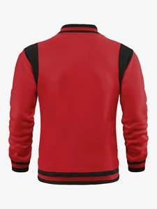 Back view of a red and black varsity jacket featuring ribbed collar and contrast sleeves