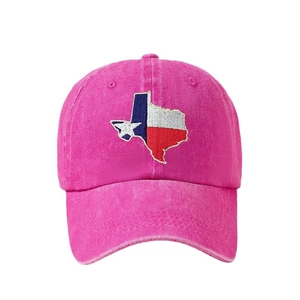 Classic rose pink washed cotton baseball cap with embroidered Texas flag map design