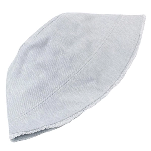 Detailed view of light gray denim bucket hat with frayed edges and ribbed texture finish