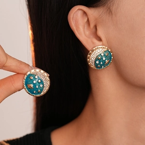 Vintage Star Moon Planet Galaxy Round Stud Earrings Alloy Enamel Rhinestone With Silver Earring Post For Women Fashion