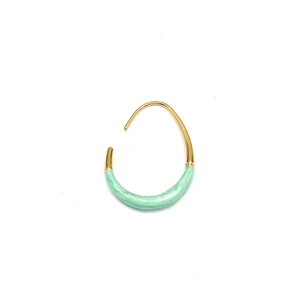 Detailed view of C-shaped 18K gold earrings with mint green marble enamel inlay
