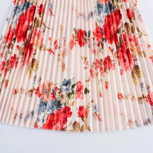French romantic pink floral pleated long dress with elegant cowl neck and long sleeves