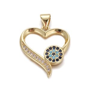 Gold-plated heart pendant with multi-colored crystals and evil eye design on white background