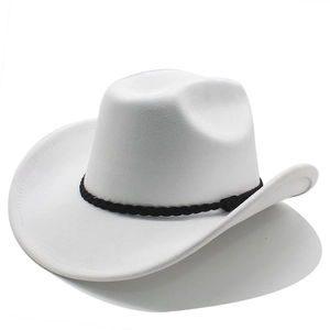 Classic white felt western cowboy hat with black braided trim on a clean white background