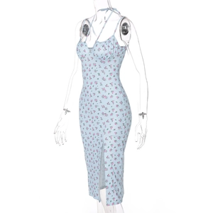 Detail of light blue floral dress showing ruched bust and side slit on mannequin