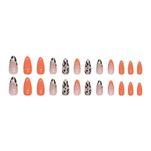 Leopard print and orange French press-on nails in long almond shape, 24 piece set