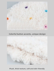 Detail of soft white plush fabric with colorful decorative buttons on a winter warm hat