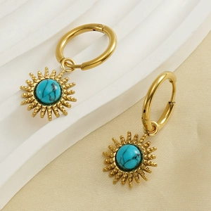 Close-up of 18K gold-plated sunflower earrings featuring turquoise stone centers