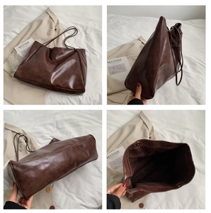 Detailed views of a dark brown tote bag showing its texture, interior and large capacity