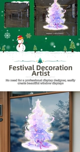 Detail of purple Christmas tree window decal with gift boxes and snowman motifs