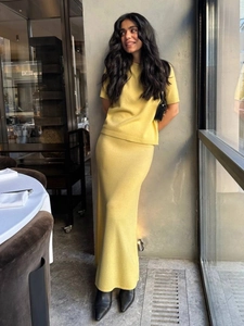 Minimalist ginger yellow knit short sleeve top and high waist slim skirt two-piece set