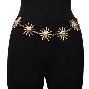 Golden sun flower metal waist chain with smiley faces on a black mannequin