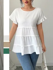 Women Textured Tiered Blouse Short Ruffle Sleeve Elegant Layered Top With White Lace Pom Pom Trim Solid Color Pullover
