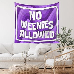 Detail of bohemian purple wave tapestry with 'NO WEENIES ALLOWED' text for room decor