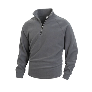 Men's grey slim fit coral fleece pullover with half-zip stand collar on white background