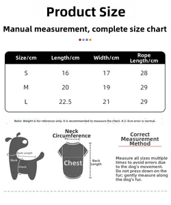 Size guide for dog apron vest with neck, chest, and length measurements in centimeters