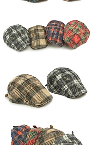 Detail view of retro plaid flat caps with vintage washed cotton and metal side buckles