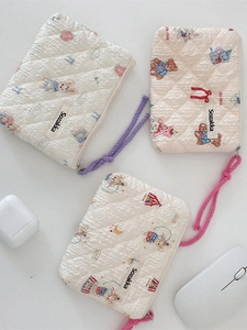 Quilted floral cosmetic bags with cute cartoon bear and rabbit prints in cream white